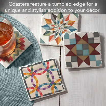 Thirstystone Barn Quilt Patterns 4-Pack Tumbled Tile Stone Coasters 4" Square