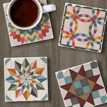 Thirstystone Barn Quilt Patterns 4-Pack Tumbled Tile Stone Coasters 4" Square