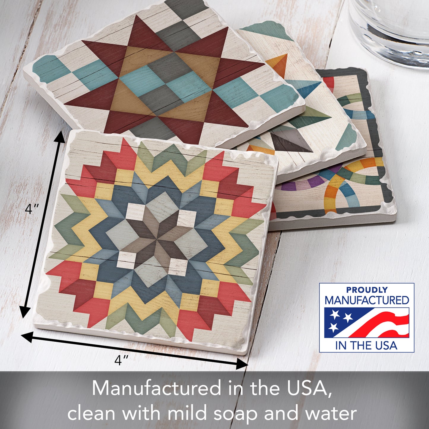 Thirstystone Barn Quilt Patterns 4-Pack Tumbled Tile Stone Coasters 4" Square
