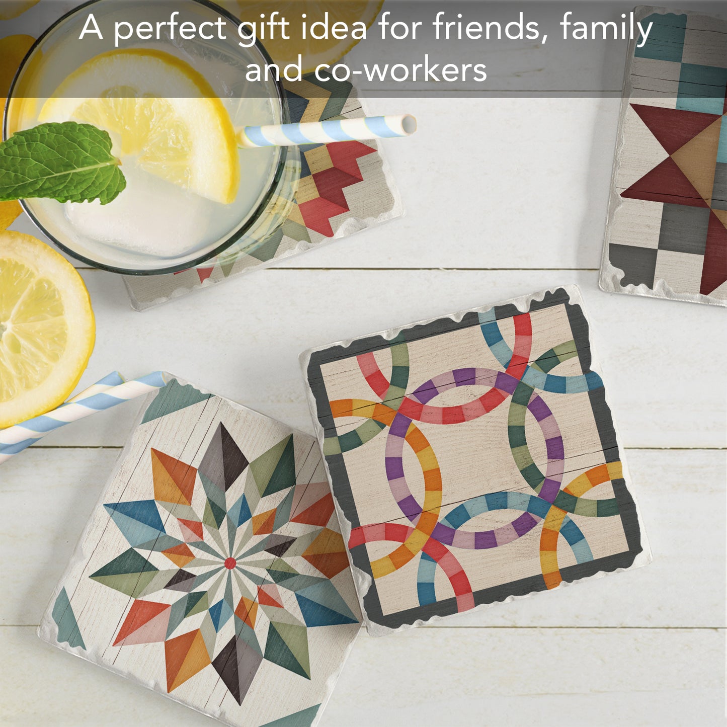 Thirstystone Barn Quilt Patterns 4-Pack Tumbled Tile Stone Coasters 4" Square