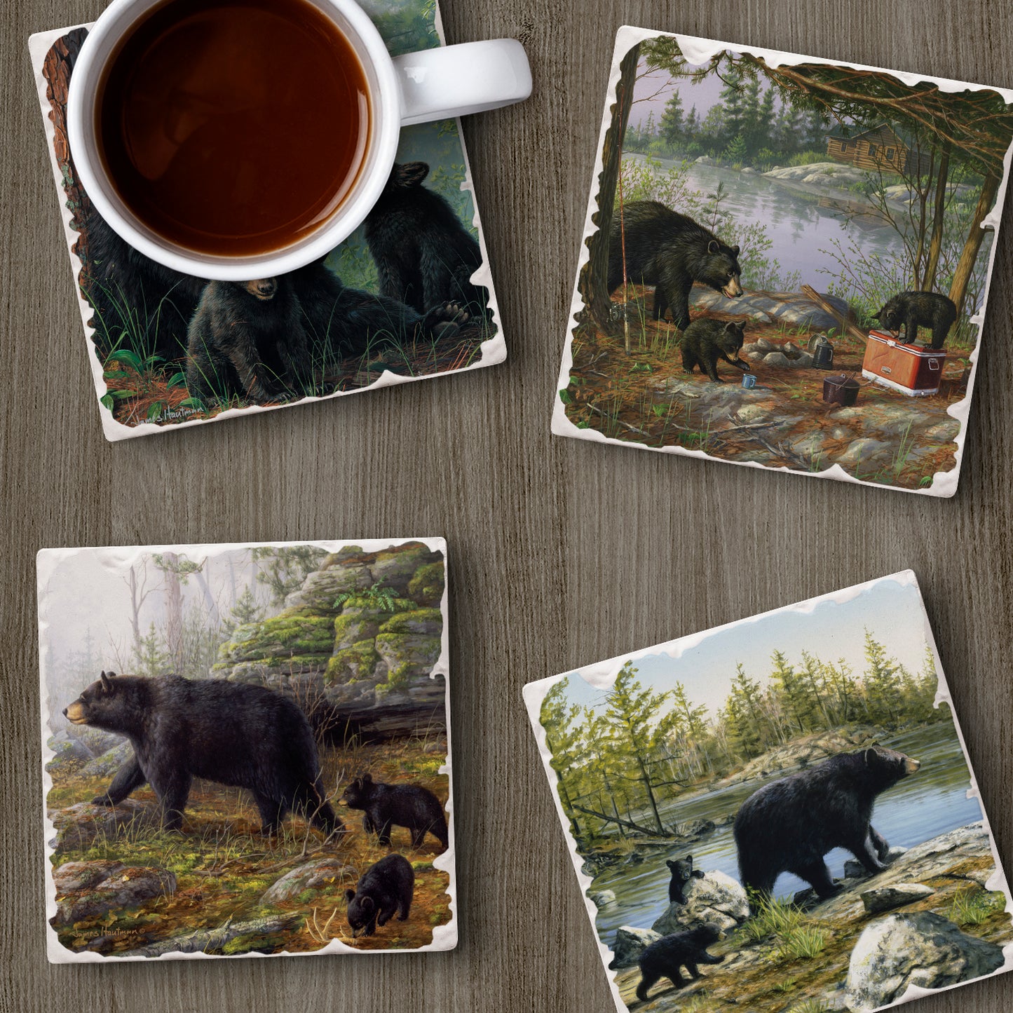 Thirstystone Keeping Watch Bear 4-Pack Tumbled Tile Stone Coasters 4" Square