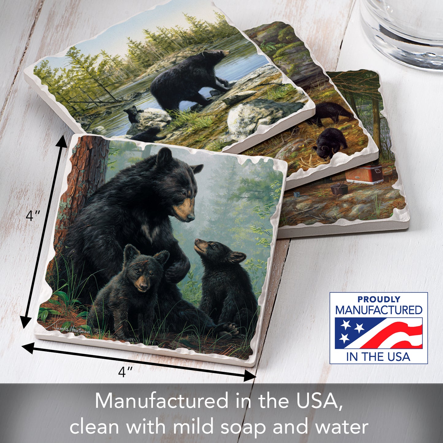 Thirstystone Keeping Watch Bear 4-Pack Tumbled Tile Stone Coasters 4" Square