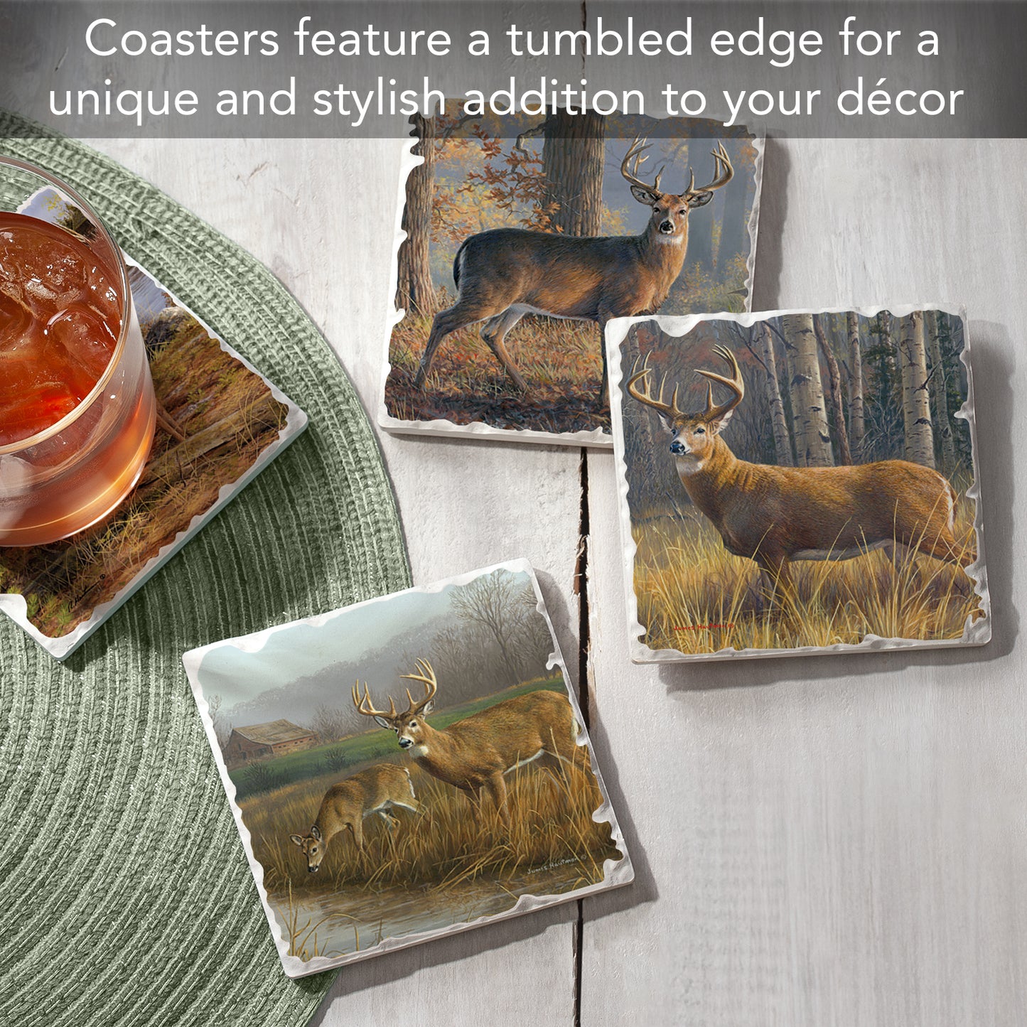 Thirstystone Legends Deer 4-Pack Assorted Tumbled Tile Stone Coasters 4" Square
