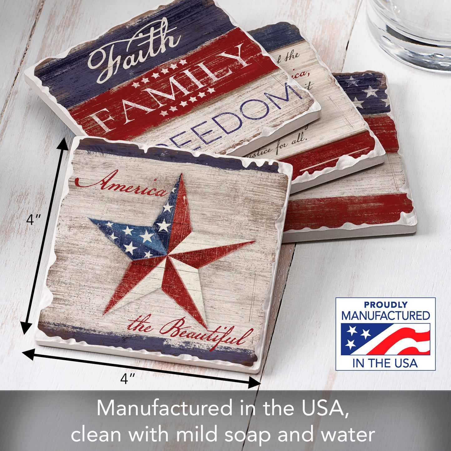 Thirstystone Americana 4-Pack Assorted Tumbled Tile Stone Coasters 4" Square