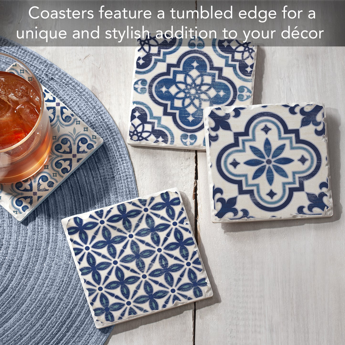 Thirstystone 4-Pack Assorted Blue & White Tile Tumbled Tile Coasters 4" Square