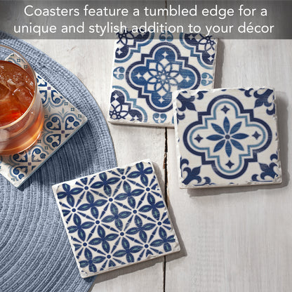 Thirstystone 4-Pack Assorted Blue & White Tile Tumbled Tile Coasters 4" Square