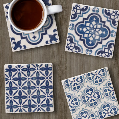 Thirstystone 4-Pack Assorted Blue & White Tile Tumbled Tile Coasters 4" Square