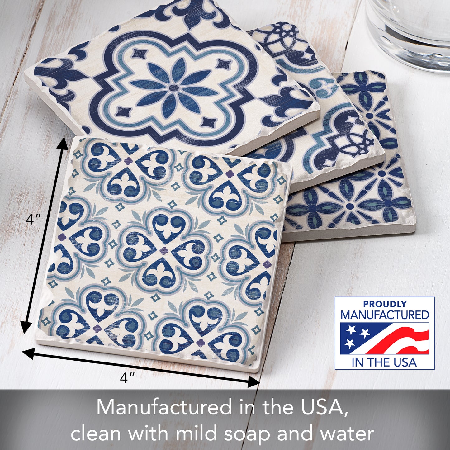 Thirstystone 4-Pack Assorted Blue & White Tile Tumbled Tile Coasters 4" Square