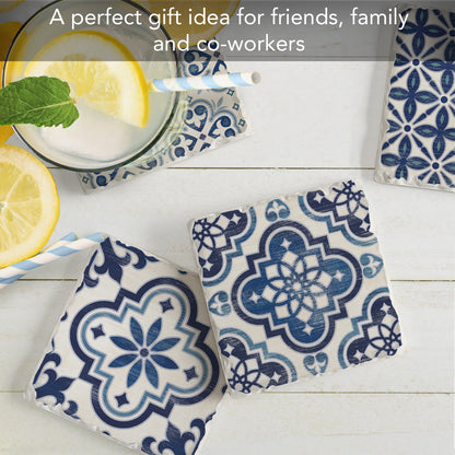 Thirstystone 4-Pack Assorted Blue & White Tile Tumbled Tile Coasters 4" Square