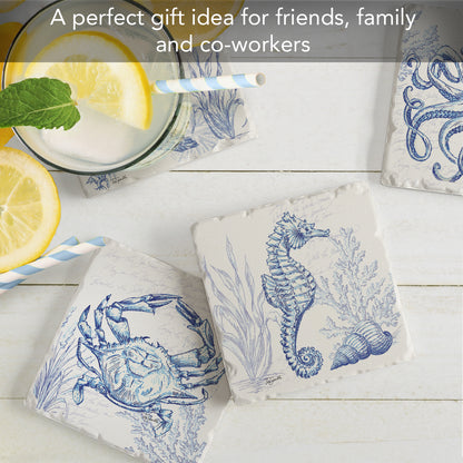 Thirstystone Coastal Sketch 4 Pack Assorted Tumbled Tile Stone Coasters 4" Square