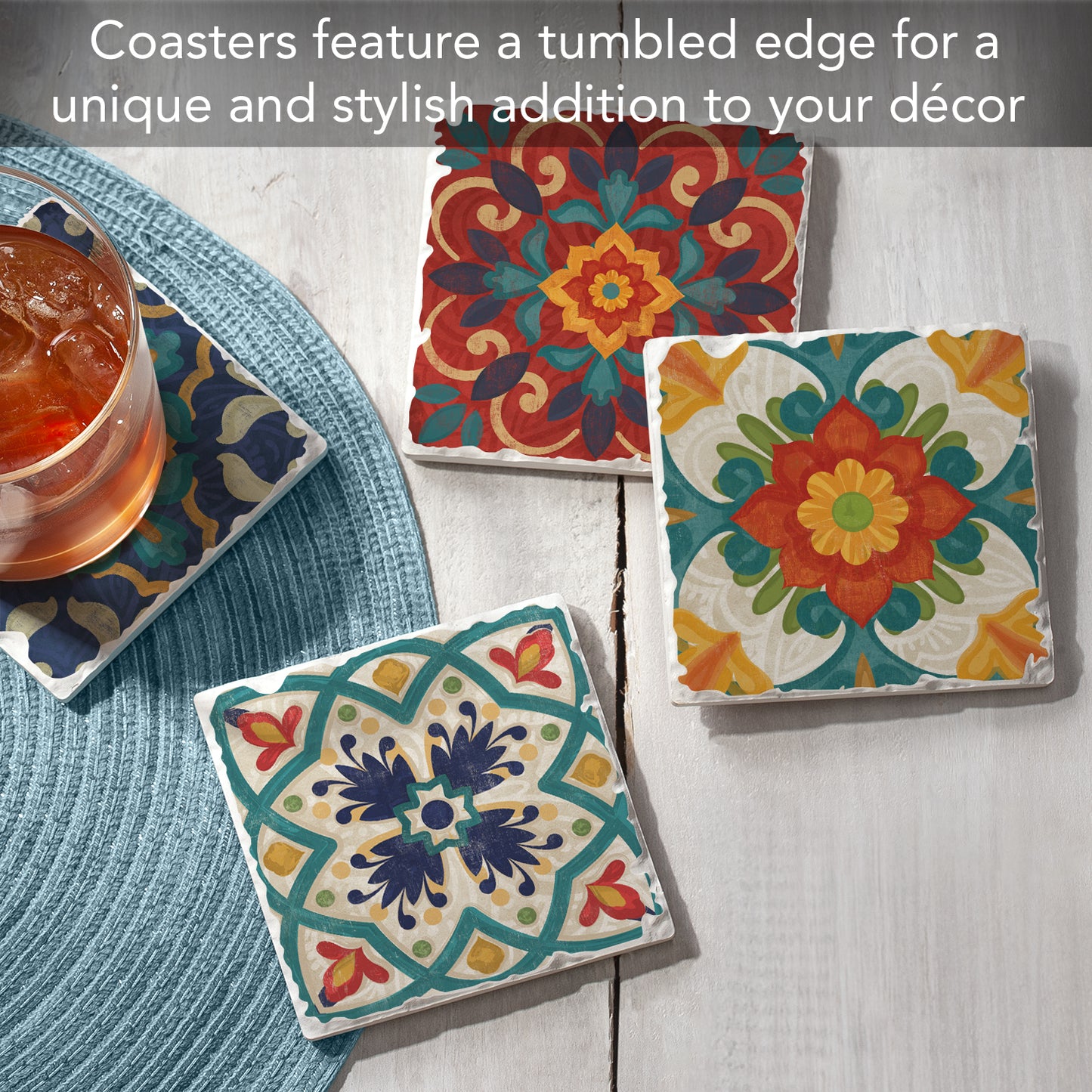 Thirstystone Spanish Villa 4-Pack Tumbled Tile Stone Coasters 4" Square