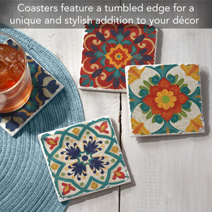 Thirstystone Spanish Villa 4-Pack Tumbled Tile Stone Coasters 4" Square