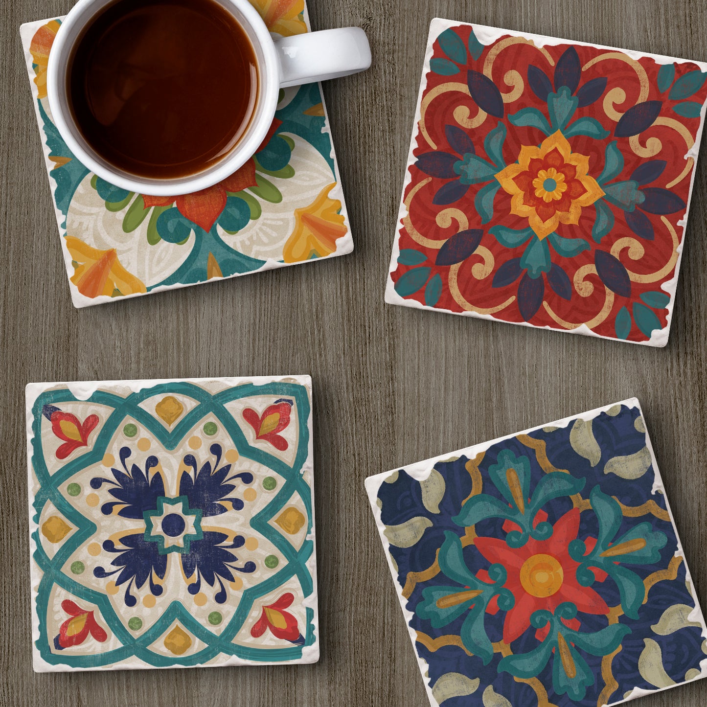 Thirstystone Spanish Villa 4-Pack Tumbled Tile Stone Coasters 4" Square