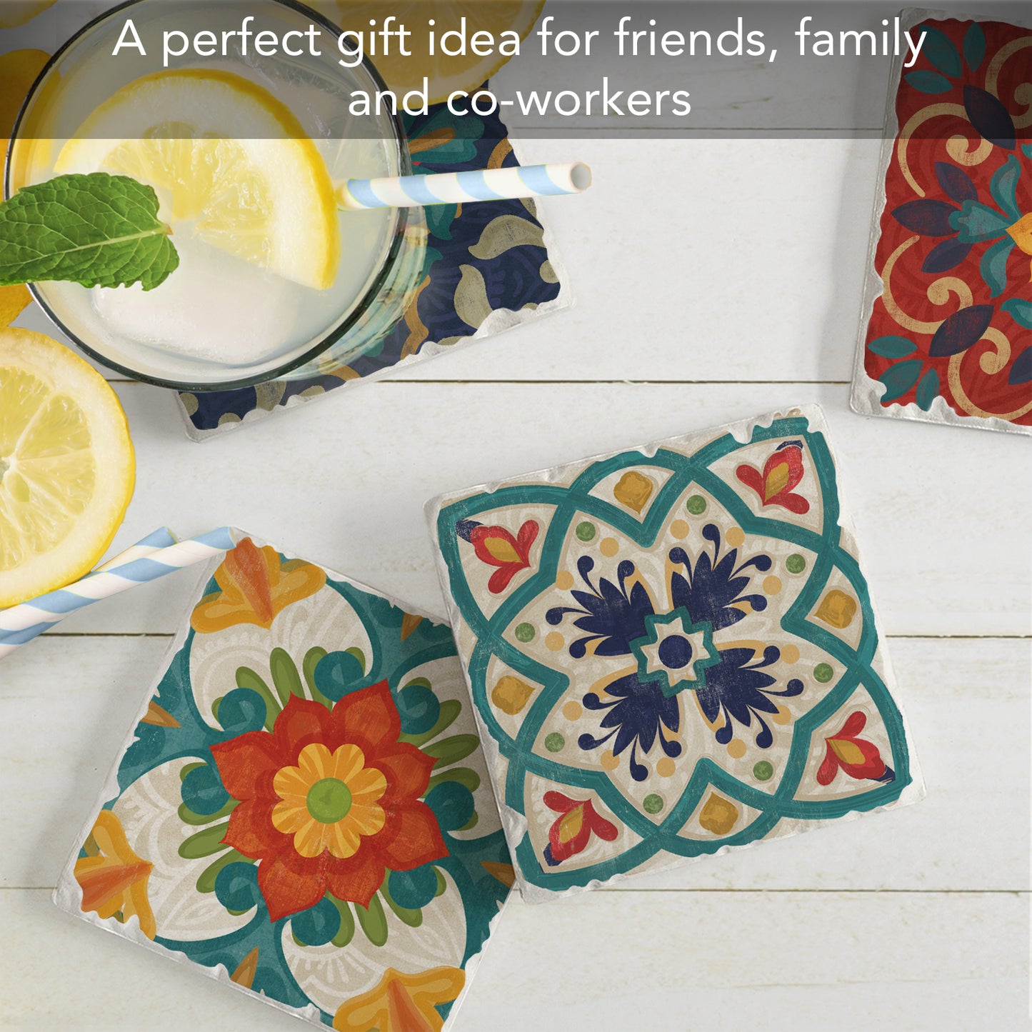 Thirstystone Spanish Villa 4-Pack Tumbled Tile Stone Coasters 4" Square