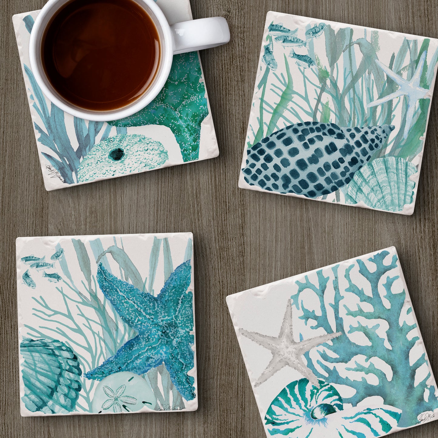 Thirstystone Coral Life 4-Pack Tumbled Tile Stone Coasters 4" Square