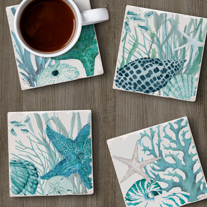 Thirstystone Coral Life 4-Pack Tumbled Tile Stone Coasters 4" Square