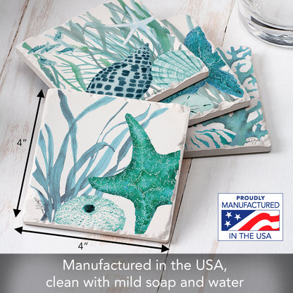 Thirstystone Coral Life 4-Pack Tumbled Tile Stone Coasters 4" Square