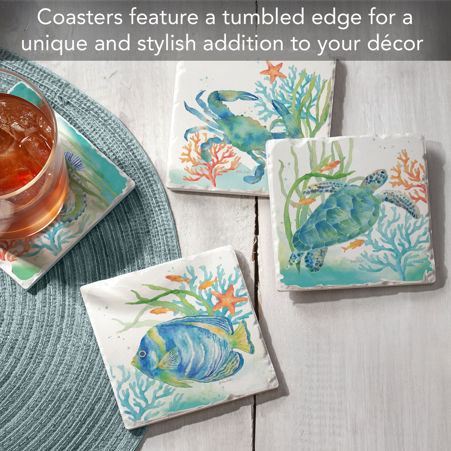 Thirstystone Sea Life Serenade 4 Pack Assorted Tumbled Tile Stone Coasters 4" Square