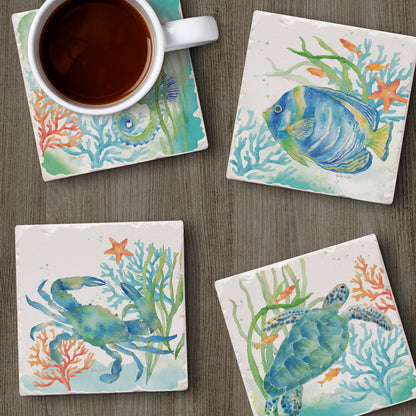 Thirstystone Sea Life Serenade 4 Pack Assorted Tumbled Tile Stone Coasters 4" Square