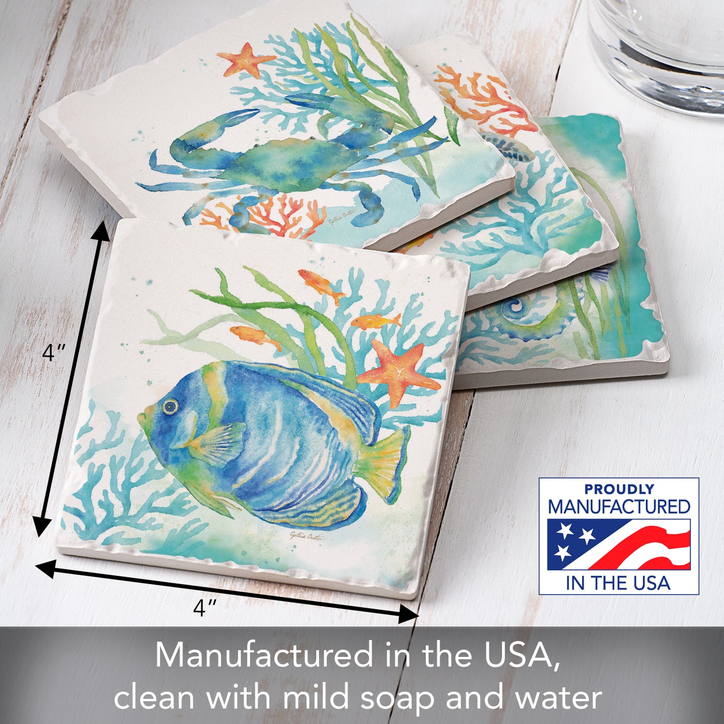 Thirstystone Sea Life Serenade 4 Pack Assorted Tumbled Tile Stone Coasters 4" Square