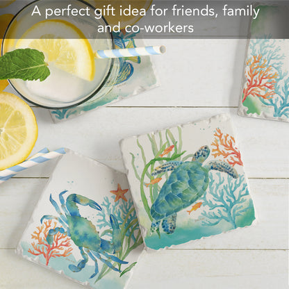 Thirstystone Sea Life Serenade 4 Pack Assorted Tumbled Tile Stone Coasters 4" Square