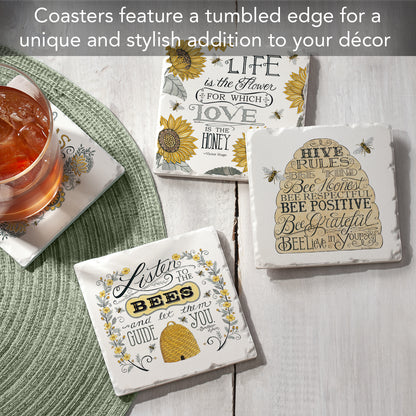 Thirstystone Sweet Honey Bees 4 Pack Assorted Tumbled Tile Stone Coasters 4" Square