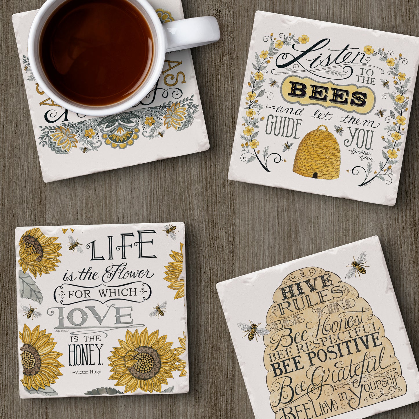 Thirstystone Sweet Honey Bees 4 Pack Assorted Tumbled Tile Stone Coasters 4" Square