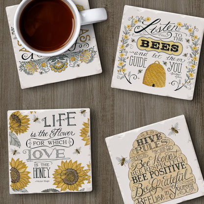 Thirstystone Sweet Honey Bees 4 Pack Assorted Tumbled Tile Stone Coasters 4" Square