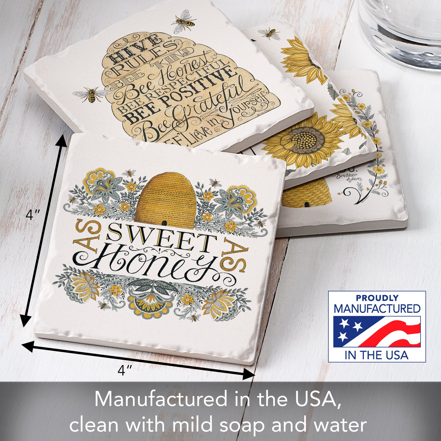 Thirstystone Sweet Honey Bees 4 Pack Assorted Tumbled Tile Stone Coasters 4" Square