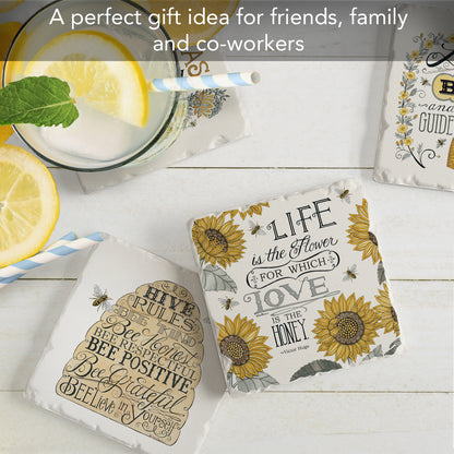 Thirstystone Sweet Honey Bees 4 Pack Assorted Tumbled Tile Stone Coasters 4" Square