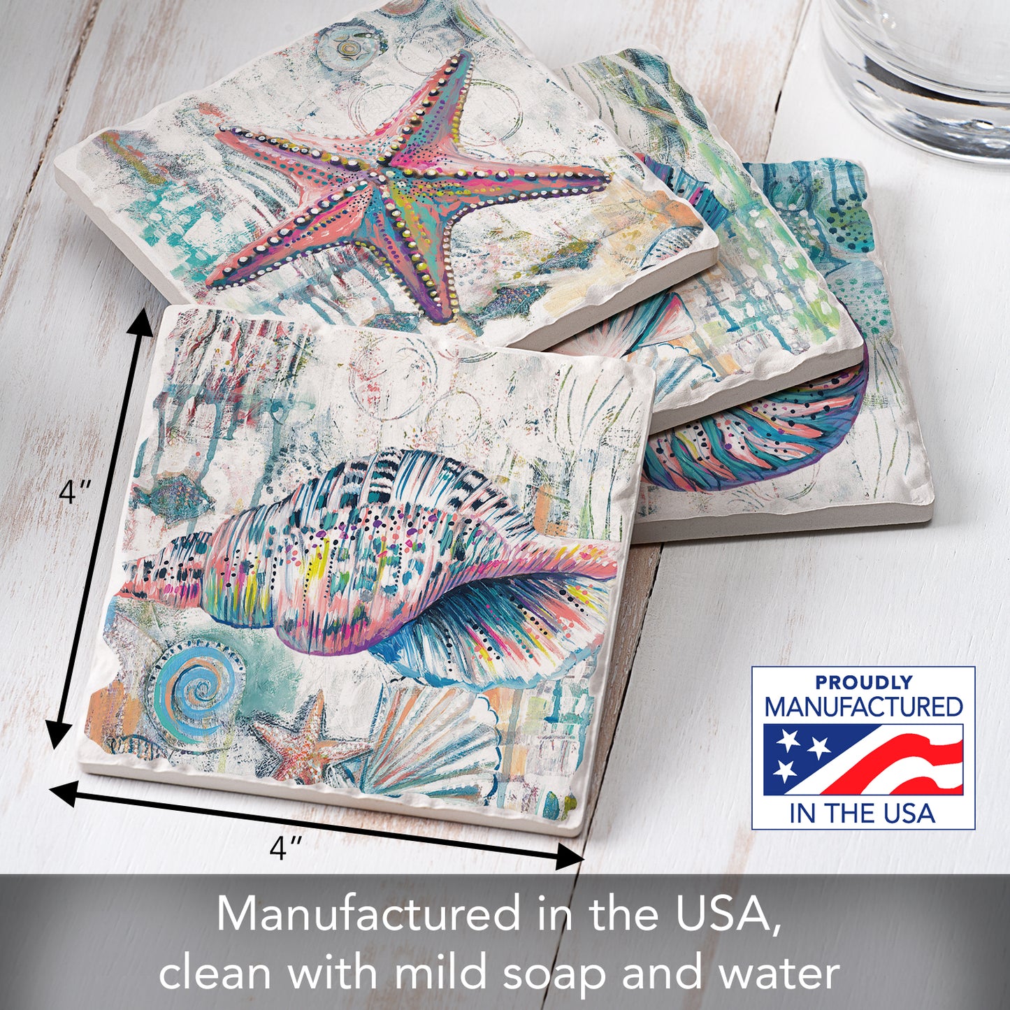 Thirstystone Jewels of The Sea 4 Pack Assorted Tumbled Tile Stone Coasters 4" Square
