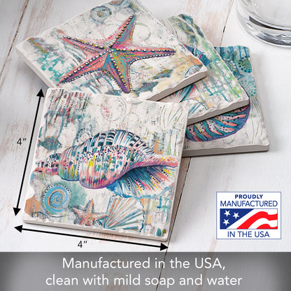 Thirstystone Jewels of The Sea 4 Pack Assorted Tumbled Tile Stone Coasters 4" Square