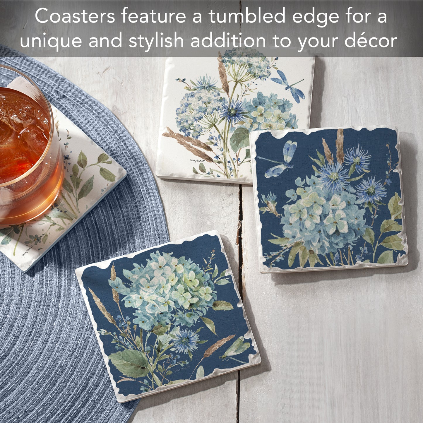 Thirstystone Bohemian Blue 4 Pack Assorted Tumbled Tile Stone Coasters 4" Square