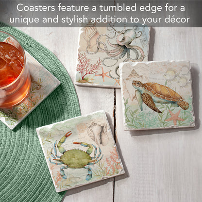 Thirstystone Caribbean Sea Life 4 Pack Assorted Tumbled Tile Stone Coasters 4" Square