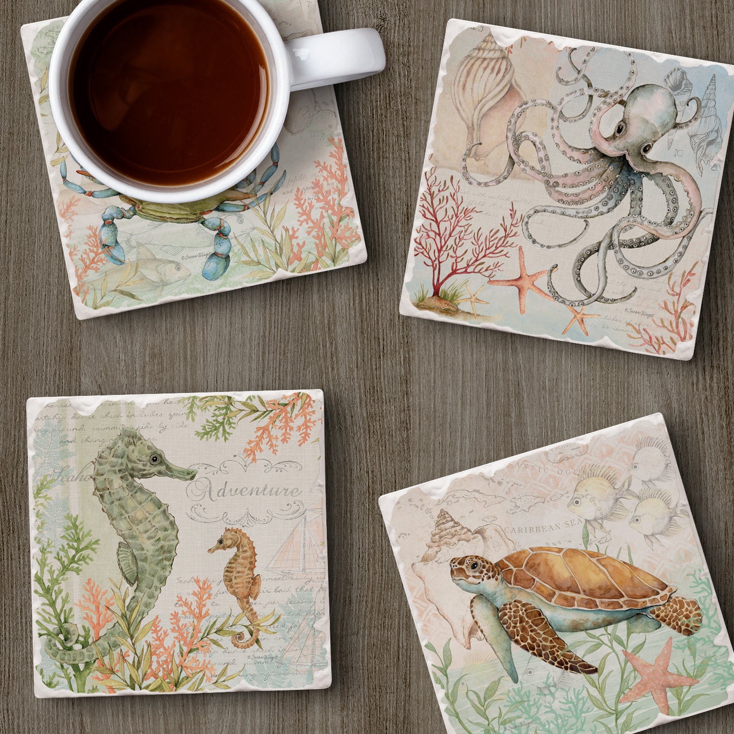 Thirstystone Caribbean Sea Life 4 Pack Assorted Tumbled Tile Stone Coasters 4" Square