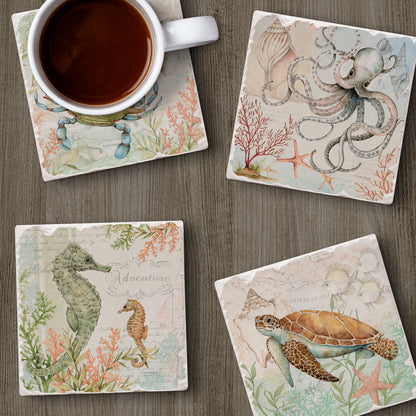 Thirstystone Caribbean Sea Life 4 Pack Assorted Tumbled Tile Stone Coasters 4" Square
