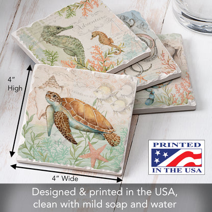 Thirstystone Caribbean Sea Life 4 Pack Assorted Tumbled Tile Stone Coasters 4" Square