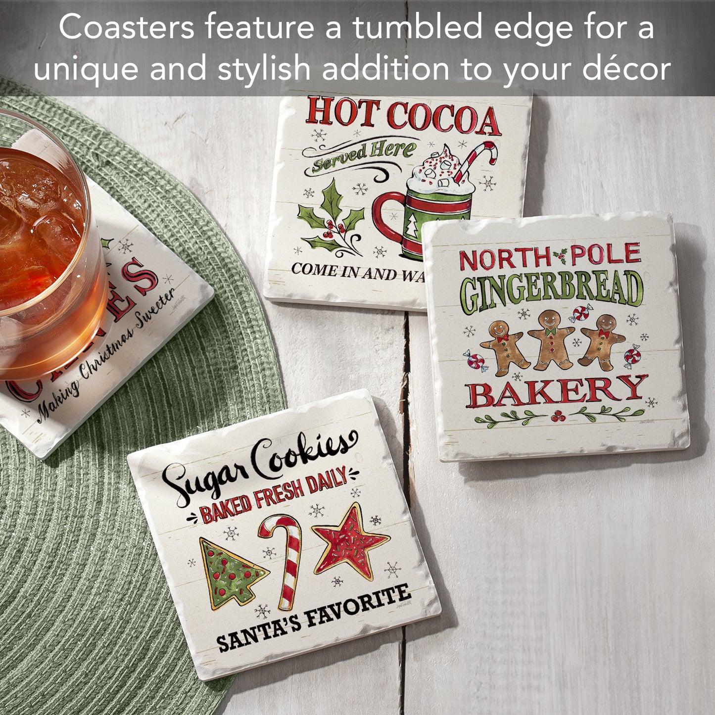 Thirstystone Holiday Treats 4 Pack Assorted Tumbled Tile Stone Coasters 4" Square