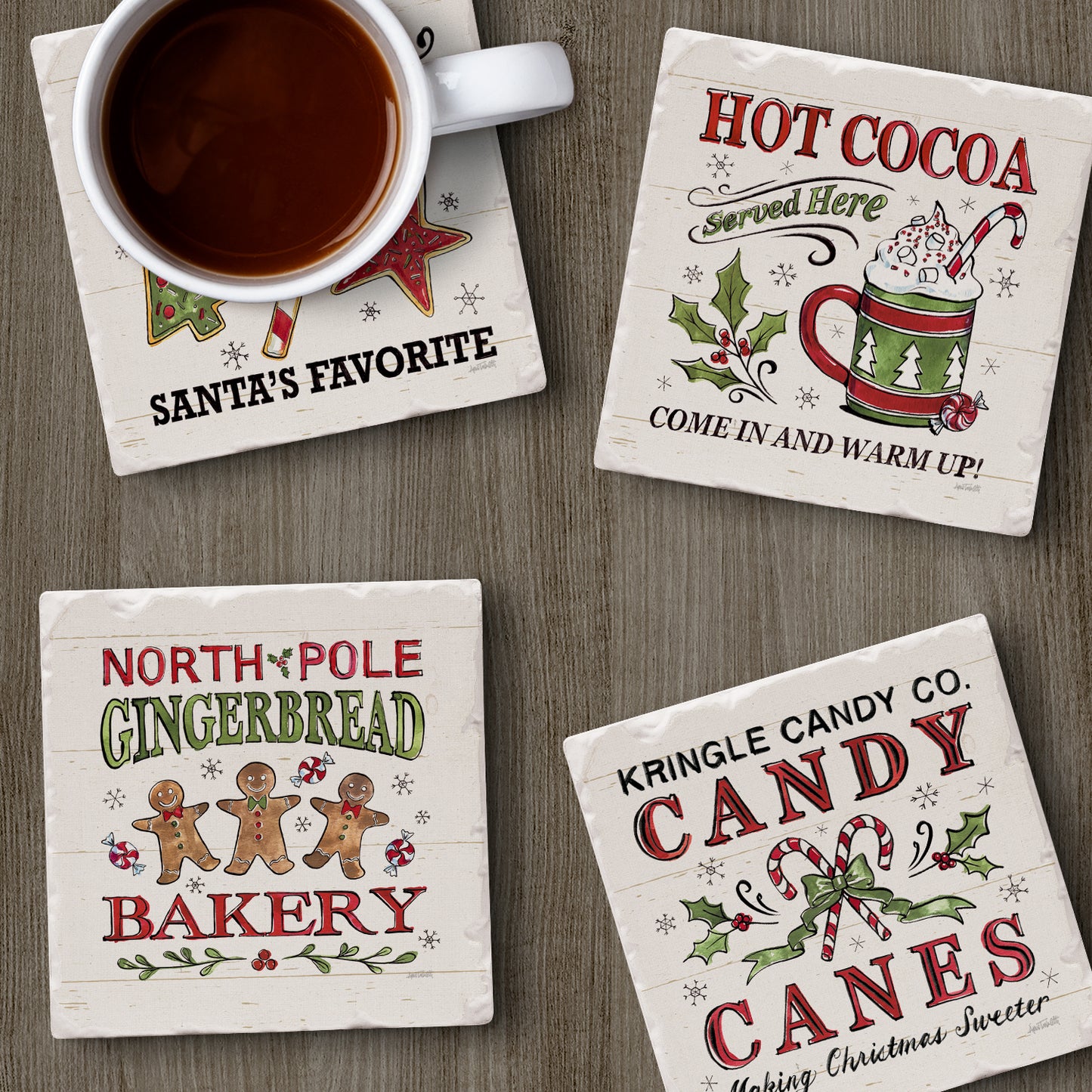 Thirstystone Holiday Treats 4 Pack Assorted Tumbled Tile Stone Coasters 4" Square