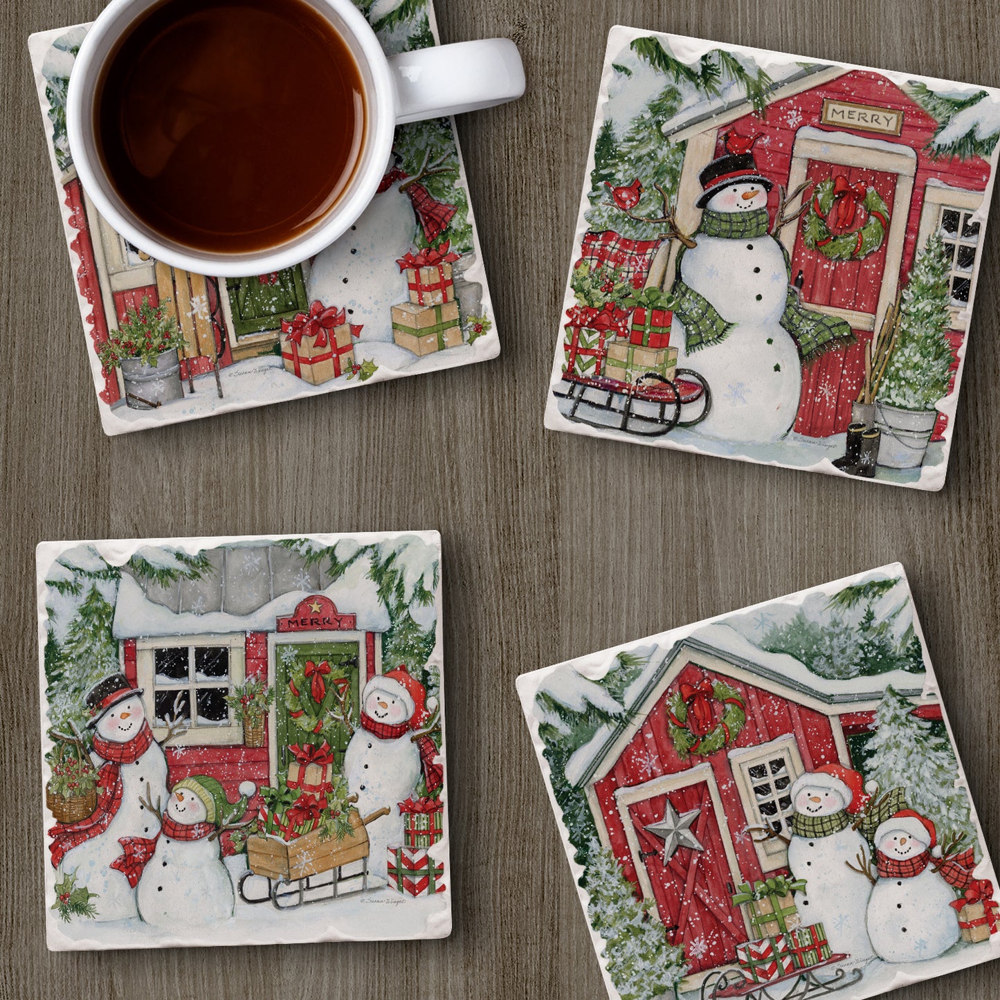 Thirstystone Snowman's Farmhouse 4 Pack Assorted Tumbled Tile Stone Coasters 4" Square