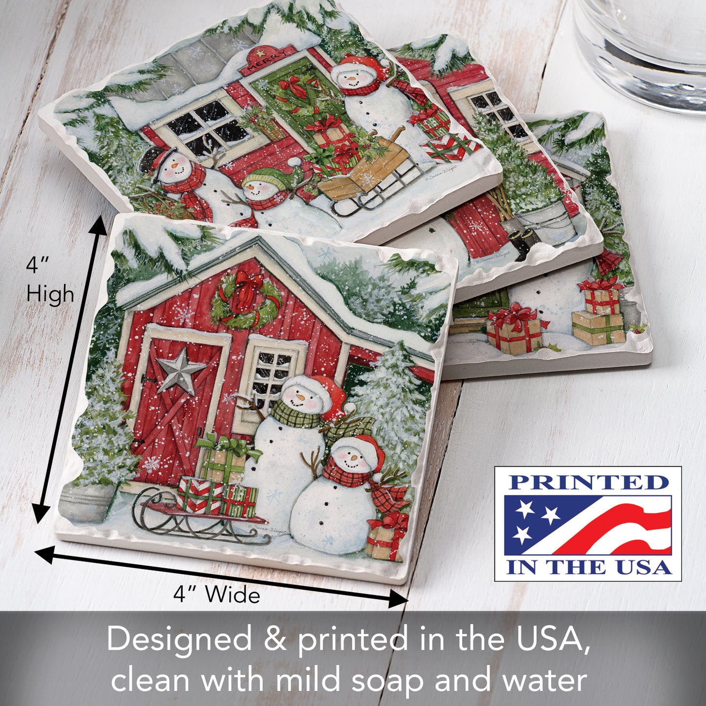 Thirstystone Snowman's Farmhouse 4 Pack Assorted Tumbled Tile Stone Coasters 4" Square