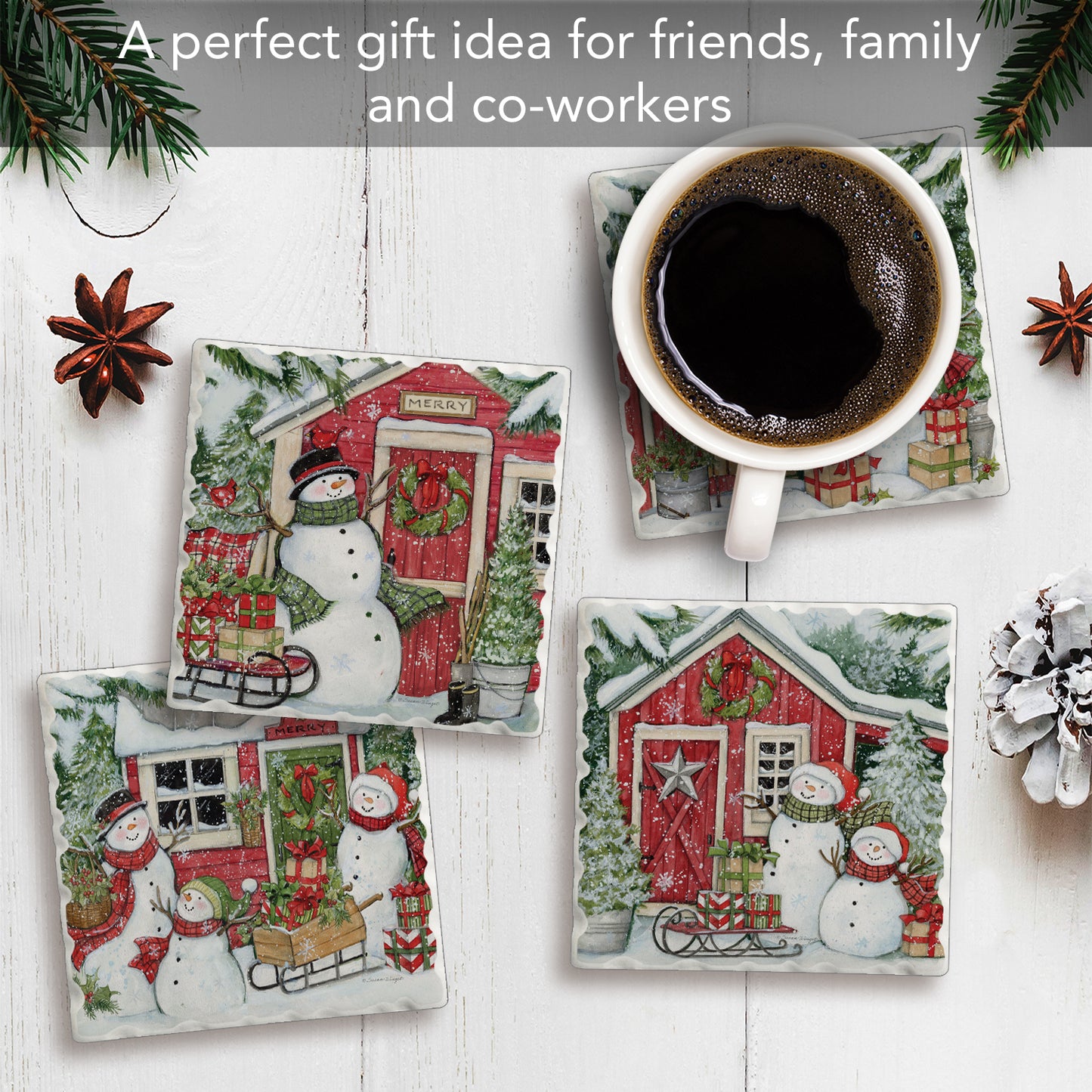 Thirstystone Snowman's Farmhouse 4 Pack Assorted Tumbled Tile Stone Coasters 4" Square