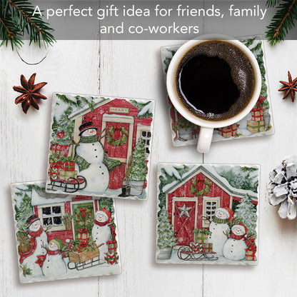 Thirstystone Snowman's Farmhouse 4 Pack Assorted Tumbled Tile Stone Coasters 4" Square