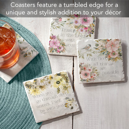 Thirstystone Floral Scriptures 4 Pack Assorted Tumbled Tile Stone Coasters 4" Square