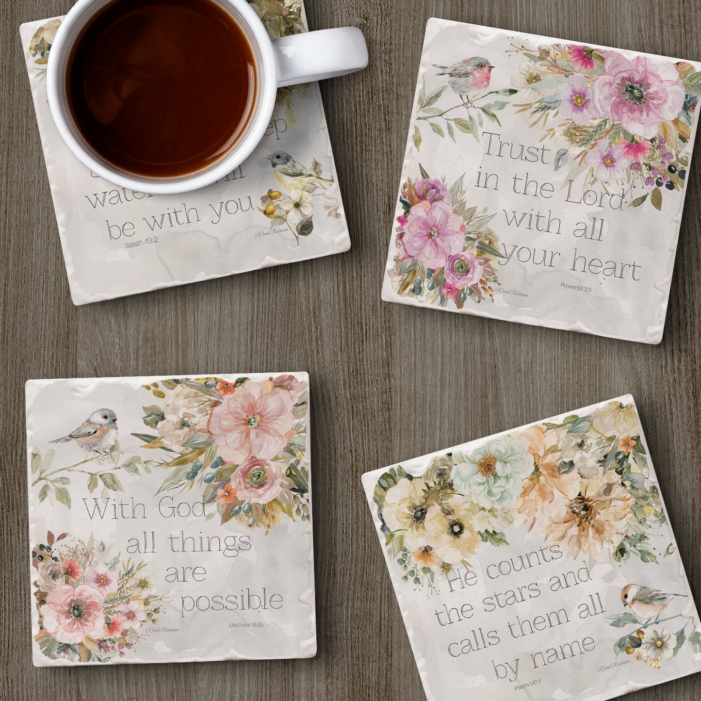 Thirstystone Floral Scriptures 4 Pack Assorted Tumbled Tile Stone Coasters 4" Square