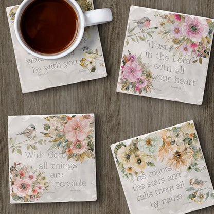 Thirstystone Floral Scriptures 4 Pack Assorted Tumbled Tile Stone Coasters 4" Square
