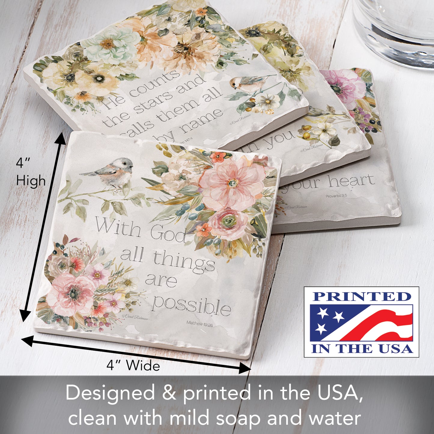 Thirstystone Floral Scriptures 4 Pack Assorted Tumbled Tile Stone Coasters 4" Square