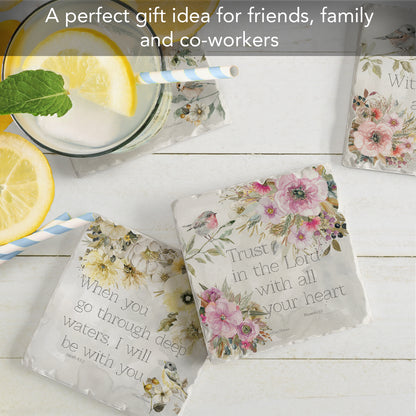 Thirstystone Floral Scriptures 4 Pack Assorted Tumbled Tile Stone Coasters 4" Square