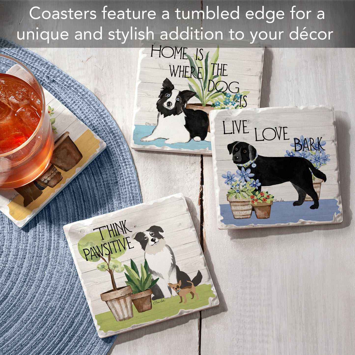 Thirstystone Bark & Bone Dogs 4-Pack Tumbled Tile Stone Coasters 4" Square