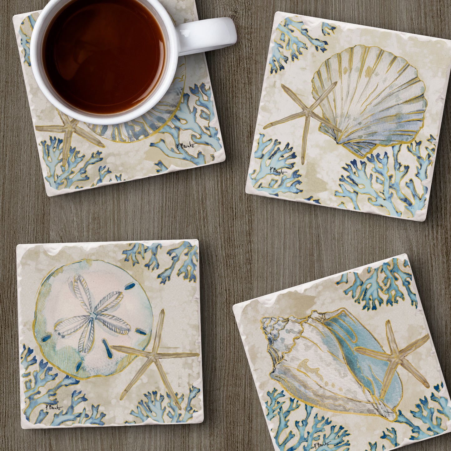 Thirstystone Playa Shells 4 Pack Assorted Tumbled Tile Stone Coasters 4" Square